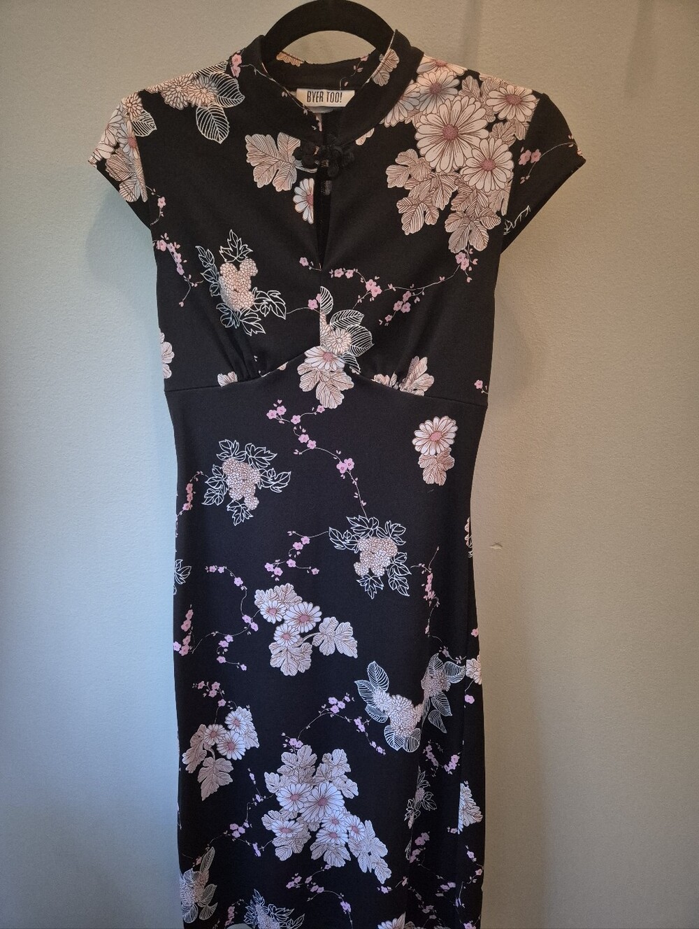 VTG 90s Byer Too Cheongsam Mini Dress Black Pink Floral Qipao Y2K XXS 00